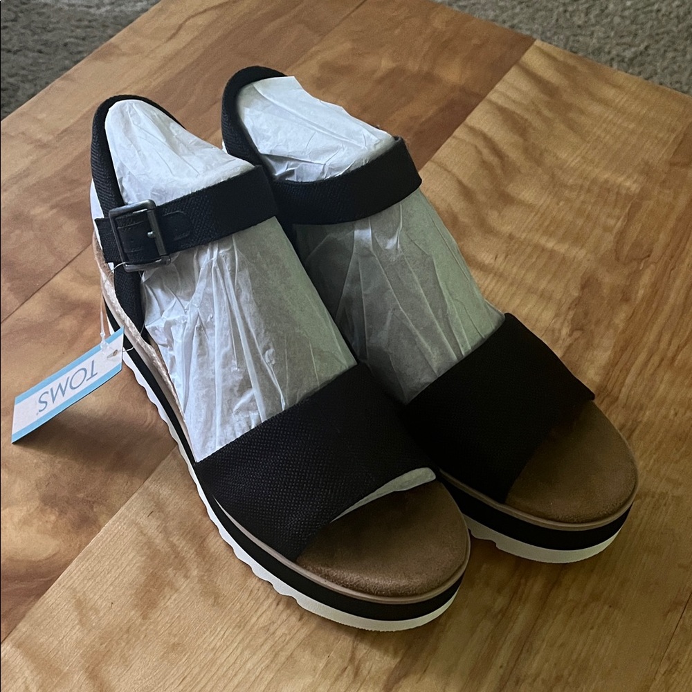 TOMS Black Platform Sandals with Adjustable Ankle Strap
